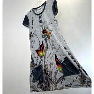 Funky People Butterfly Dress M Gray Floral Knit Velvet Trim Short Sleeve Whimsy